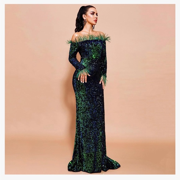 New Miss Ord Off Shoulder Feather Longsleeve Sequin Evening Maxi Dress Gown - Picture 5 of 12